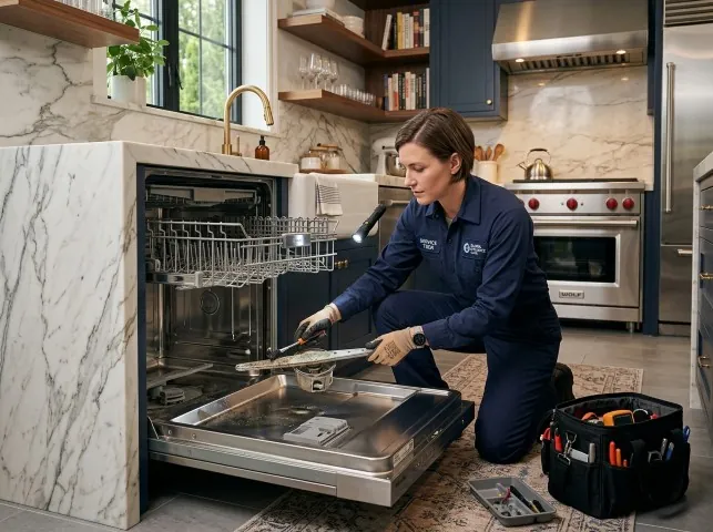 Appliance Repair Hero technician servicing a built-in dishwasher in a Andrews Air Force Base, MD kitchen