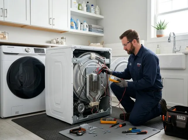 Appliance Repair Hero technician checking a dryer heating element with the rear panel off in Andrews Air Force Base, MD