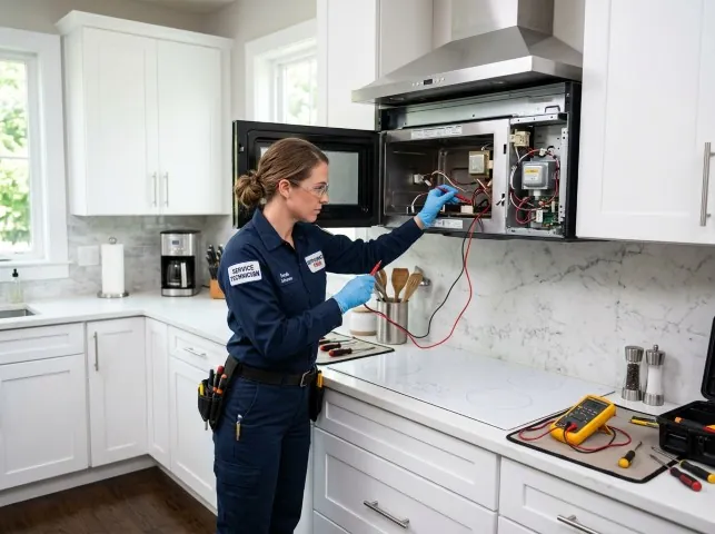 Appliance Repair Hero technician testing an over-the-range microwave in a Andrews Air Force Base, MD kitchen