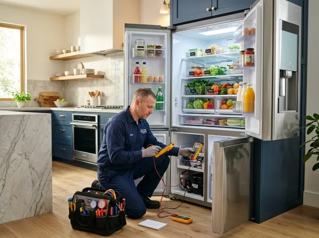 Appliance Repair Hero refrigerator technician testing a fridge on a Andrews Air Force Base, MD service call