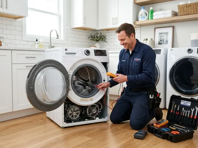 Appliance Repair Hero technician testing a front-load washer with a multimeter on a Andrews Air Force Base, MD service call